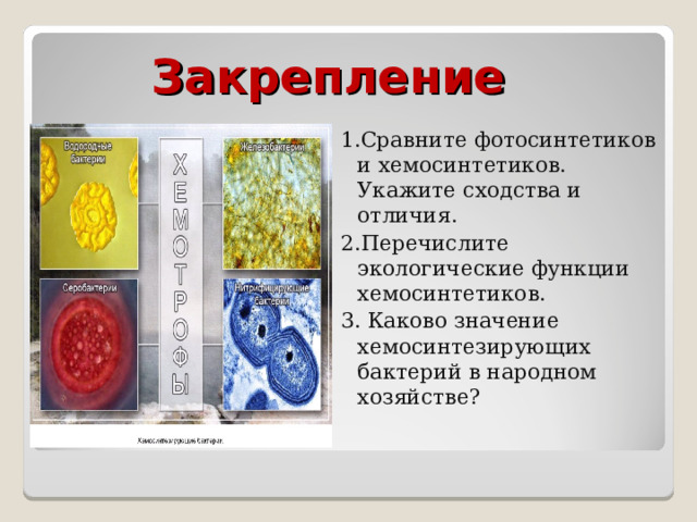 Закрепление 1.Сравните фотосинтетиков и хемосинтетиков.  Укажите сходства и отличия. 2.Перечислите экологические функции хемосинтетиков. 3. Каково значение хемосинтезирующих бактерий в народном хозяйстве? 