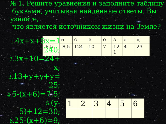 № 1. Решите уравнения и заполните таблицу  буквами, учитывая найденные ответы. Вы узнаете,  что является источником жизни на Земле? 4х+х+5х=1240; 3х+10=24+х; 13+у+у+у=25; 5-(х+6)=7,5; (у-5)+12=30; 25-(х+6)=9; в н -6,5 -8,5 с е 124 10 о з 7 121 л ц 4 23 1 2 3 4 5 6 