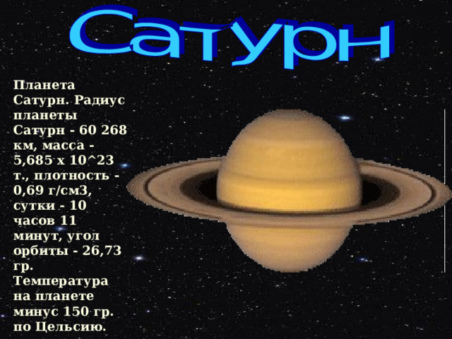Планета Сатурн. Радиус планеты Сатурн - 60 268 км, масса - 5,685 х 10 ^ 23 т., плотность - 0,69 г/см3, сутки - 10 часов 11 минут, угол орбиты - 26,73 гр. Температура на планете минус 150 гр. по Цельсию.  