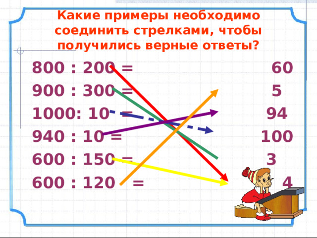 Какие примеры необходимо соединить стрелками, чтобы получились верные ответы? 800 : 200 = 60 900 : 300 = 5 1000: 10 = 94 940 : 10 = 100 600 : 150 = 3 600 : 120 = 4 
