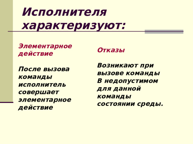 Исполнителя характеризуют: Элементарное действие  После вызова команды исполнитель совершает элементарное действие Отказы  Возникают при вызове команды В недопустимом для данной команды состоянии среды. 