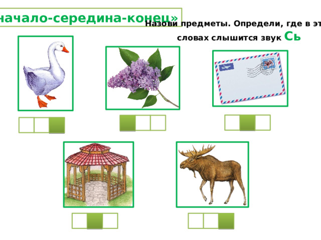 «начало-середина-конец» Назови предметы. Определи, где в этих словах слышится звук Сь 