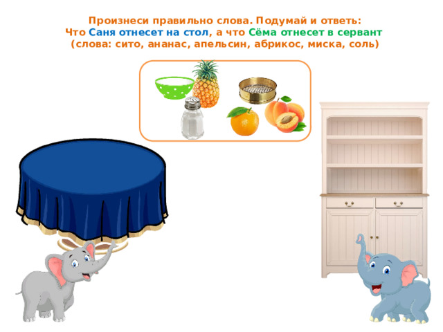 Произнеси правильно слова. Подумай и ответь: Что Саня отнесет на стол , а что Сёма отнесет в сервант (слова: сито, ананас, апельсин, абрикос, миска, соль) 