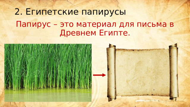 2. Египетские папирусы Папирус – это материал для письма в Древнем Египте. 