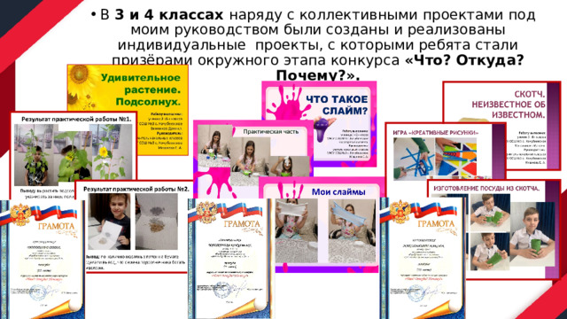 В 3 и 4 классах наряду с коллективными проектами под моим руководством были созданы и реализованы индивидуальные проекты, с которыми ребята стали призёрами окружного этапа конкурса «Что? Откуда? Почему?».  
