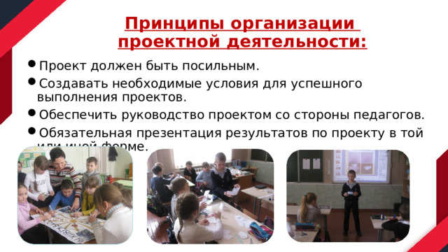Принципы организации  проектной деятельности: Проект должен быть посильным. Создавать необходимые условия для успешного выполнения проектов. Обеспечить руководство проектом со стороны педагогов. Обязательная презентация результатов по проекту в той или иной форме. 