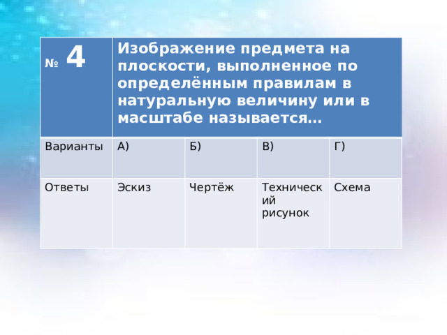 № 4 Изображение предмета на плоскости, выполненное по определённым правилам в натуральную величину или в масштабе называется… Варианты А) Ответы Б) Эскиз В) Чертёж Г) Технический рисунок Схема 