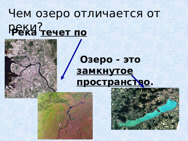 Чем озеро отличается от реки? Река течет по руслу   Озеро - это замкнутое пространство . 
