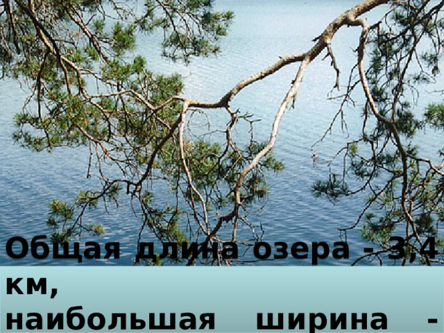 Общая длина озера - 3,4 км,  наибольшая ширина - 1,8 км. 