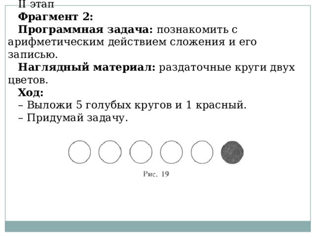 II этап Фрагмент 2: Программная задача:  познакомить с арифметическим действием сложения и его записью. Наглядный материал:  раздаточные круги двух цветов. Ход: – Выложи 5 голубых кругов и 1 красный. – Придумай задачу. 