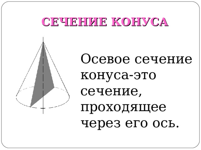 СЕЧЕНИЕ КОНУСА Осевое сечение конуса-это сечение, проходящее через его ось. 