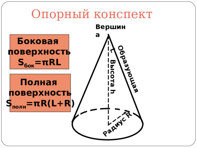 Образующая L Высота h Радиус R Опорный конспект Вершина Боковая поверхность S бок = π RL Полная поверхность S полн = π R(L+R) 