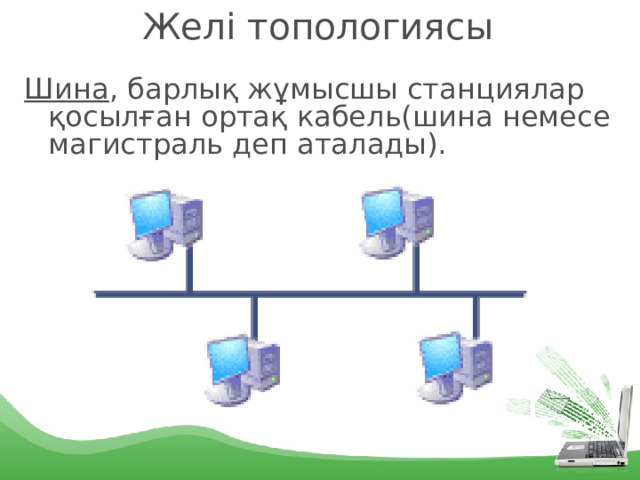 Желі топологиясы Шина , барлық жұмысшы станциялар қосылған ортақ кабель(шина немесе магистраль деп аталады). 