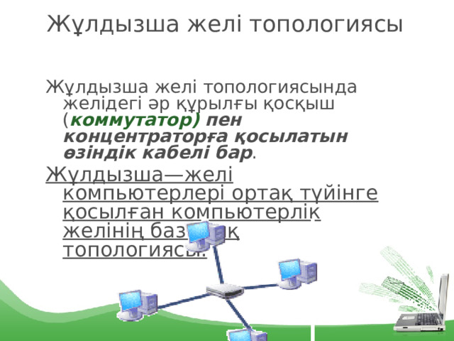 Жұлдызша желі топологиясы Жұлдызша желі топологиясында желідегі әр құрылғы қосқыш ( коммутатор) пен концентраторға қосылатын өзіндік кабелі бар . Жұлдызша—желі компьютерлері ортақ түйінге қосылған компьютерлік желінің базалық топологиясы. 