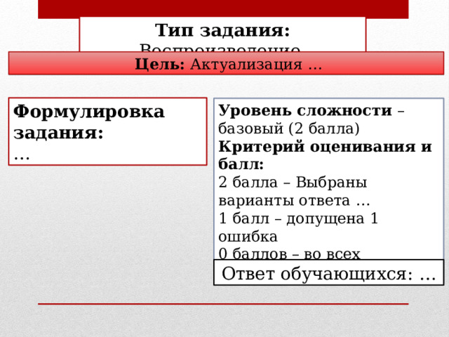 Тип задания: Воспроизведение  Цель: Актуализация … Формулировка задания: … Уровень сложности – базовый (2 балла) Критерий оценивания и балл: 2 балла – Выбраны варианты ответа … 1 балл – допущена 1 ошибка 0 баллов – во всех остальных случаях Ответ обучающихся: … 