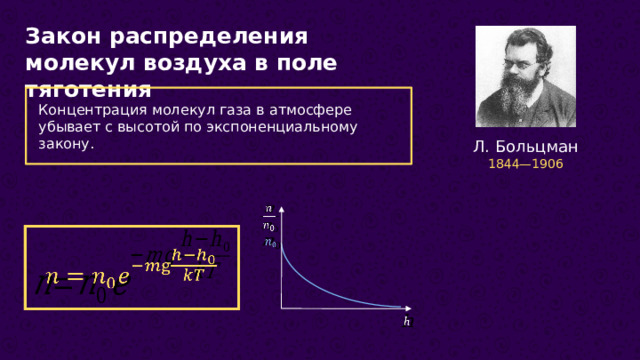 Закон распределения молекул воздуха в поле тяготения Концентрация молекул газа в атмосфере убывает с высотой по экспоненциальному закону. Л. Больцман 1844—1906          