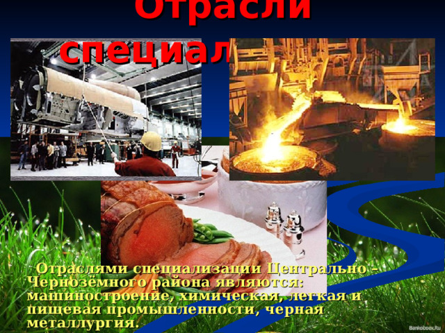 Отрасли специализации  Отраслями специализации Центрально – Чернозёмного района являются: машиностроение, химическая, легкая и пищевая промышленности, черная металлургия.  