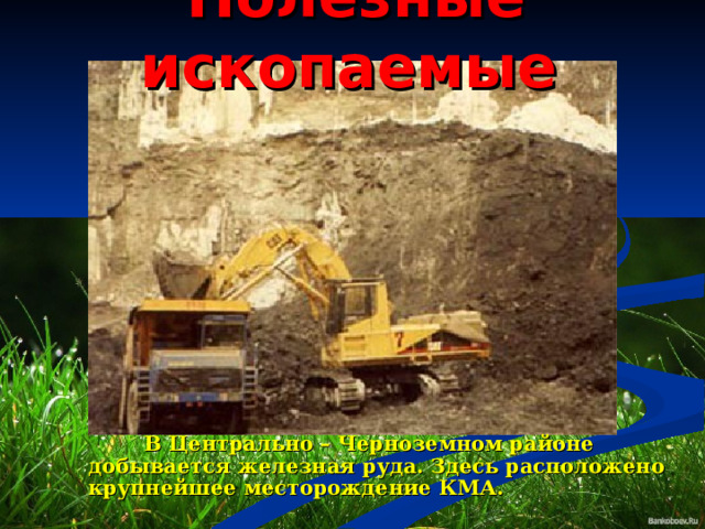 Полезные ископаемые   В Центрально – Черноземном районе добывается железная руда. Здесь расположено крупнейшее месторождение КМА. 