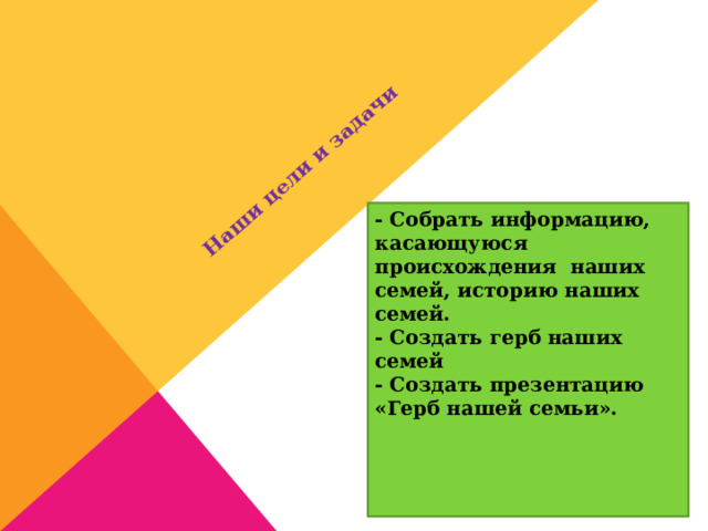   Наши цели и  задачи - Собрать информацию, касающуюся происхождения наших семей, историю наших семей. - Создать герб наших семей - Создать презентацию «Герб нашей семьи».   