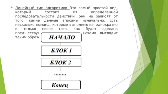Линейный тип алгоритмов Это самый простой вид, который состоит из определенной последовательности действий, они не зависят от того, какие данные вписаны изначально. Есть несколько команд, которые выполняются однократно и только после того, как будет сделана предшествующая. Линейная блок-схема выглядит таким образом: 