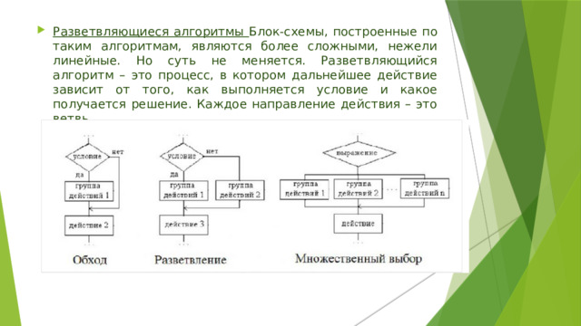 Разветвляющиеся алгоритмы Блок-схемы, построенные по таким алгоритмам, являются более сложными, нежели линейные. Но суть не меняется. Разветвляющийся алгоритм – это процесс, в котором дальнейшее действие зависит от того, как выполняется условие и какое получается решение. Каждое направление действия – это ветвь. 