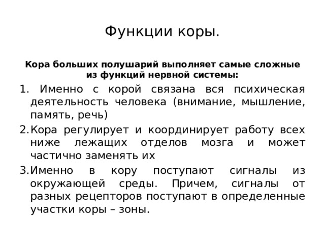 Функции коры. Кора больших полушарий выполняет самые сложные из функций нервной системы:  Именно с корой связана вся психическая деятельность человека (внимание, мышление, память, речь) Кора регулирует и координирует работу всех ниже лежащих отделов мозга и может частично заменять их Именно в кору поступают сигналы из окружающей среды. Причем, сигналы от разных рецепторов поступают в определенные участки коры – зоны. 