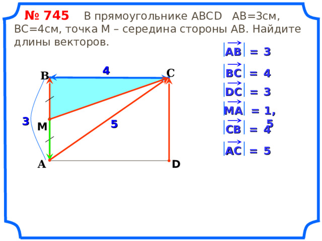  № 745   В прямоугольнике АВС D АВ=3см, ВС=4см, точка М – середина стороны АВ. Найдите длины векторов. АВ = 3 4 В C = 4 С В 3 D С = M А = 1,5 3 5 M СВ = 4 5 АС = D А «Геометрия 7-9» Л.С. Атанасян и др. 13 