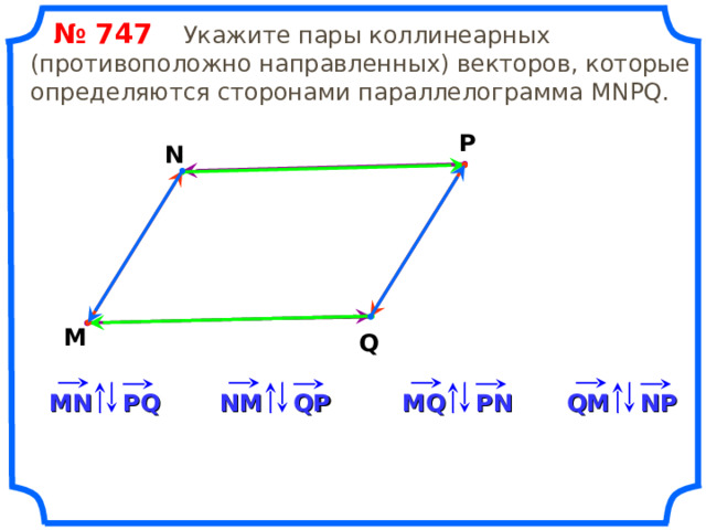  № 74 7   Укажите пары коллинеарных (противоположно направленных) векторов, которые определяются сторонами параллелограмма MNPQ . P N M Q «Геометрия 7-9» Л.С. Атанасян и др. QM NP NM PN PQ MQ QP MN 15 