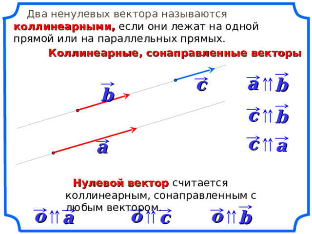  Два ненулевых вектора называются коллинеарными, если они лежат на одной прямой или на параллельных прямых. Коллинеарные, сонаправленные векторы a c b b c b c a a «Геометрия 7-9» Л.С. Атанасян и др.  Нулевой вектор считается коллинеарным, сонаправленным с любым вектором. o o o c a b 8 