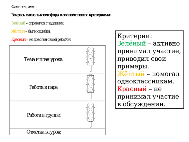 Критерии: Зелёный – активно принимал участие, приводил свои примеры. Жёлтый  – помогал одноклассникам. Красный – не принимал участие в обсуждении. 