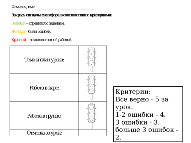 Критерии: Все верно - 5 за урок. 1-2 ошибки - 4. 3 ошибки - 3. больше 3 ошибок - 2. 