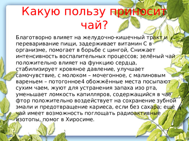 Какую пользу приносит чай?  Благотворно влияет на желудочно-кишечный тракт и переваривание пищи, задерживает витамин С в организме, помогает в борьбе с цингой, Снижает интенсивность воспалительных процессов; зелёный чай положительно влияет на функцию сердца, стабилизирует кровяное давление, улучшает самочувствие, с молоком – мочегонное, с малиновым вареньем – потогонное4 обожжённые места посыпают сухим чаем, жуют для устранения запаха изо рта, уменьшает ломкость капилляров, содержащийся в чае фтор положительно воздействует на сохранение зубной эмали и предотвращение кариеса, если без сахара; ещё чай имеет возможность поглощать радиоактивные изотопы, помог в Хиросиме. 