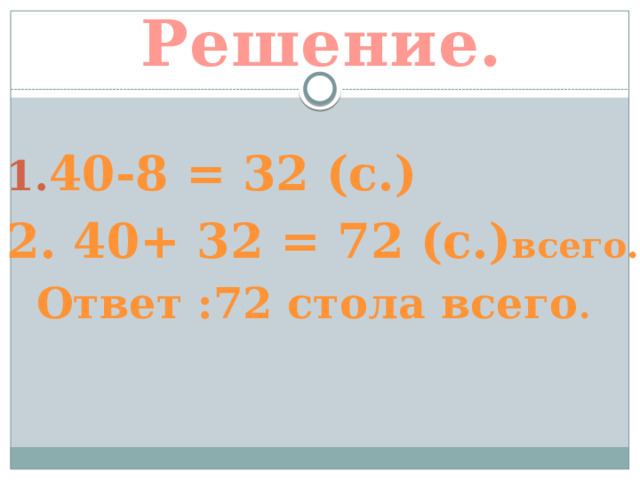 Решение. 40-8 = 32 (с.) 2. 40+ 32 = 72 (с.) всего.  Ответ :72 стола всего . 