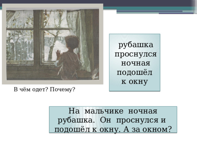  рубашка  проснулся  ночная  подошёл к окну В чём одет? Почему? На мальчике ночная рубашка. Он проснулся и подошёл к окну. А за окном? 