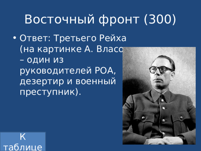 Восточный фронт (300) Ответ: Третьего Рейха (на картинке А. Власов – один из руководителей РОА, дезертир и военный преступник). К таблице 