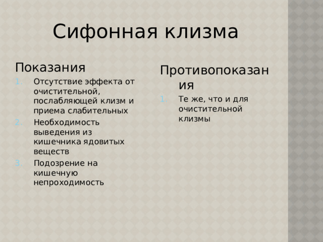 Сифонная клизма Показания Отсутствие эффекта от очистительной, послабляющей клизм и приема слабительных Необходимость выведения из кишечника ядовитых веществ Подозрение на кишечную непроходимость Противопоказания Те же, что и для очистительной клизмы 