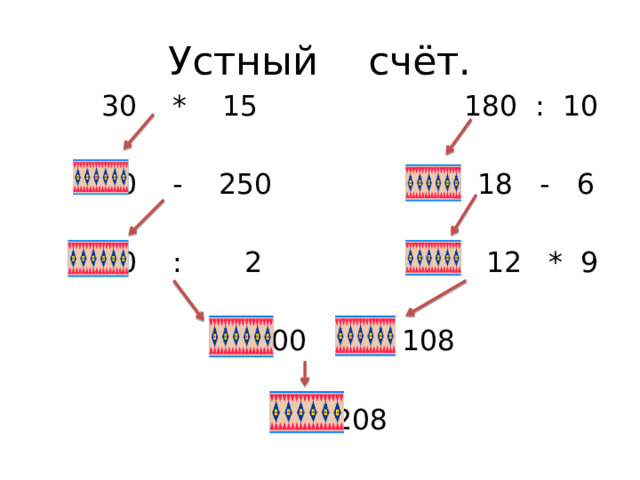 Устный счёт.  30 * 15 180 : 10  450 - 250 18 - 6  200 : 2 12 * 9  100 + 108  208 