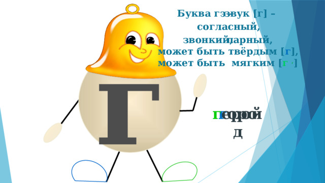Буква гэ – звук [г] – согласный,  г парный,  звонкий,  может быть твёрдым [ г ], может быть мягким [ г , ] г ород г ерой 