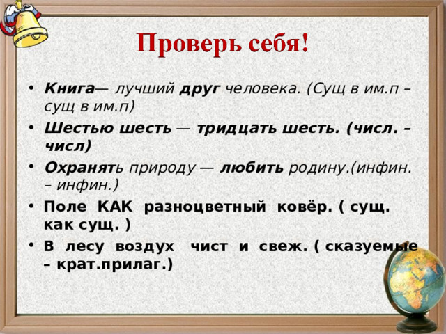 Книга —  лучший  друг человека. (Сущ в им.п – сущ в им.п) Шестью шесть  — тридцать шесть. (числ. – числ) Охранят ь природу — любить родину.(инфин. – инфин.) Поле КАК разноцветный ковёр. ( сущ. как сущ. ) В лесу воздух чист и свеж. ( сказуемые – крат.прилаг.)  