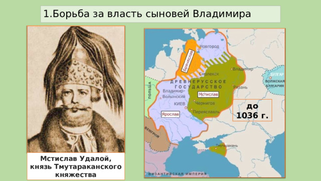 1.Борьба за власть сыновей Владимира до 1036 г. Мстислав Удалой, князь Тмутараканского княжества 
