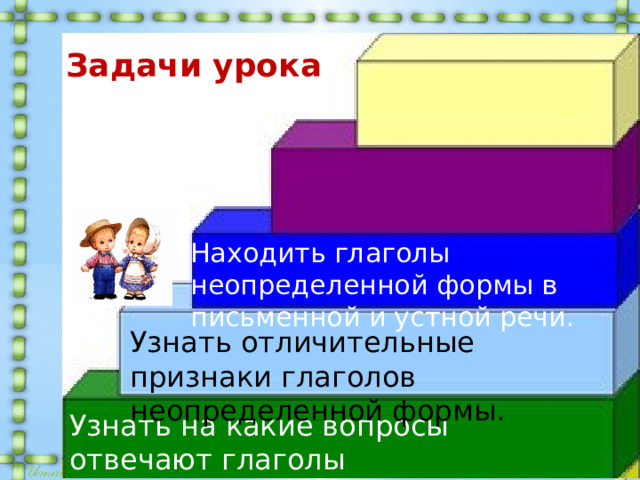 Задачи урока Находить глаголы неопределенной формы в письменной и устной речи.   Узнать отличительные признаки глаголов неопределенной формы. Узнать на какие вопросы отвечают глаголы неопределенной формы. 