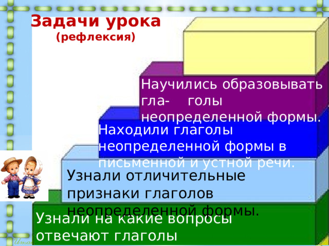 Задачи урока (рефлексия) Научились образовывать гла- голы неопределенной формы. Находили глаголы неопределенной формы в письменной и устной речи.   Узнали отличительные признаки глаголов неопределенной формы. Узнали на какие вопросы отвечают глаголы неопределенной формы. 