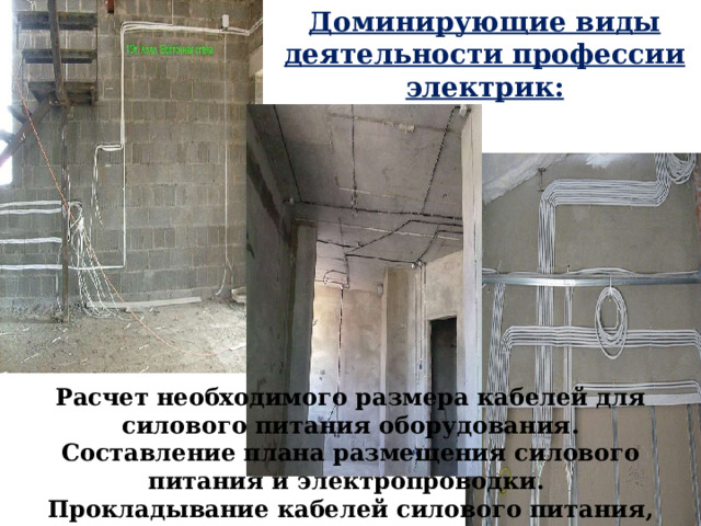 Доминирующие виды деятельности профессии электрик: Расчет необходимого размера кабелей для силового питания оборудования . С оставление плана размещения силового питания и электропроводки.  Прокладывание кабелей силового питания, электропроводки. 