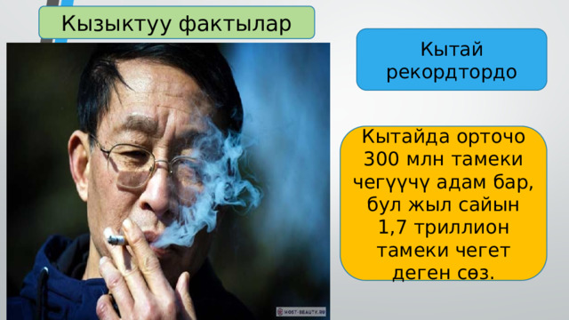 Кызыктуу фактылар Кытай рекордтордо Кытайда орточо 300 млн тамеки чегүүчү адам бар, бул жыл сайын 1,7 триллион тамеки чегет деген сөз. 