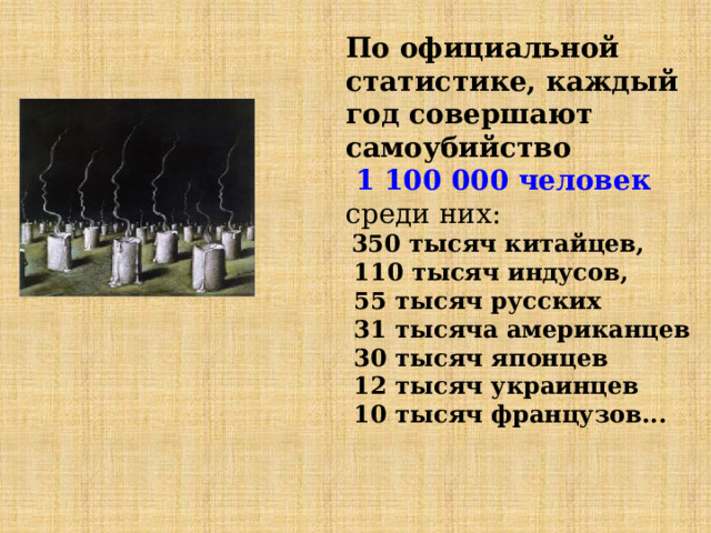 По официальной статистике, каждый год совершают самоубийство  1 100 000 человек   среди них:   350 тысяч китайцев,   110 тысяч индусов,   55 тысяч русских   31 тысяча американцев   30 тысяч японцев   12 тысяч украинцев   10 тысяч французов... 