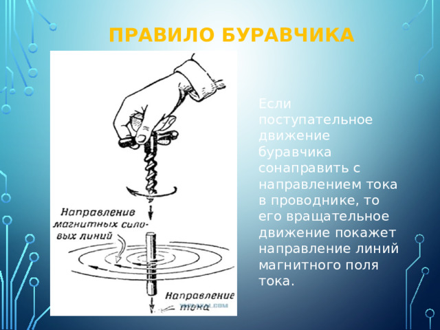 Правило буравчика Если поступательное движение буравчика сонаправить с направлением тока в проводнике, то его вращательное движение покажет направление линий магнитного поля тока. 