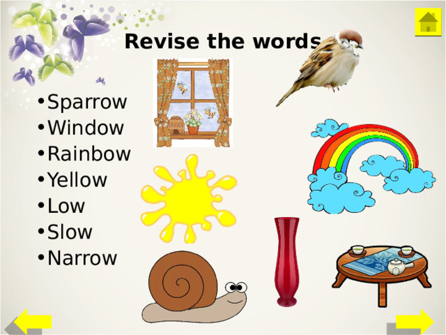 Revise the words Sparrow Window Rainbow Yellow Low Slow Narrow 