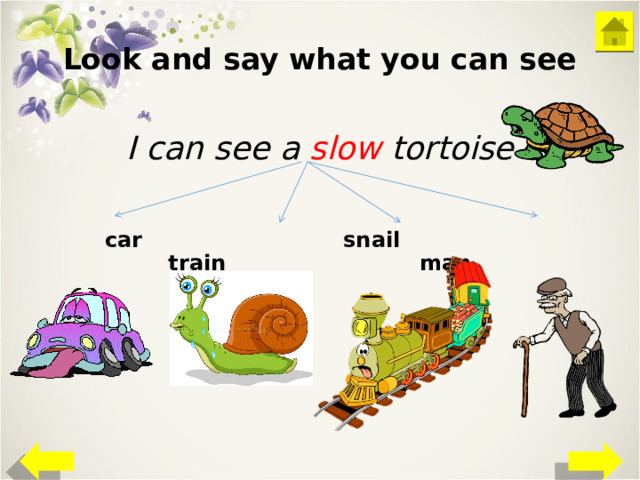Look and say what you can see I can see a slow tortoise   car snail train man 