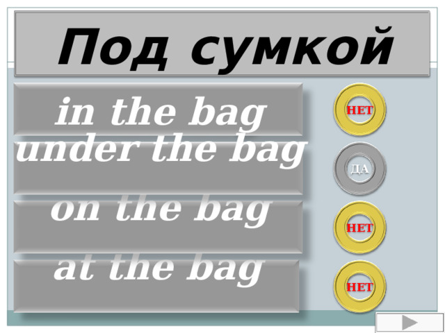 Под сумкой in the bag НЕТ under the bag  ДА on the bag  НЕТ at the bag  НЕТ 
