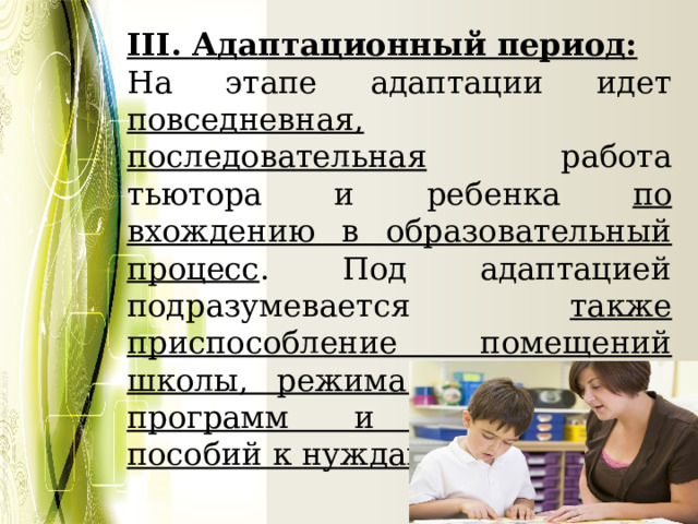 III. Адаптационный период: На этапе адаптации идет повседневная, последовательная работа тьютора и ребенка по вхождению в образовательный процесс . Под адаптацией подразумевается также  приспособление помещений школы, режима дня, учебных программ и методических пособий к нуждам ребенка. 